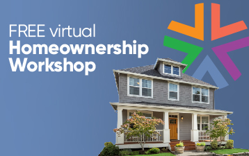 Picture of a close-cut house overtop a blue circle with ACU asterisks in the background. With the text FREE virtual Homeownership Workshop. Image links to ACU's event page for more information. 