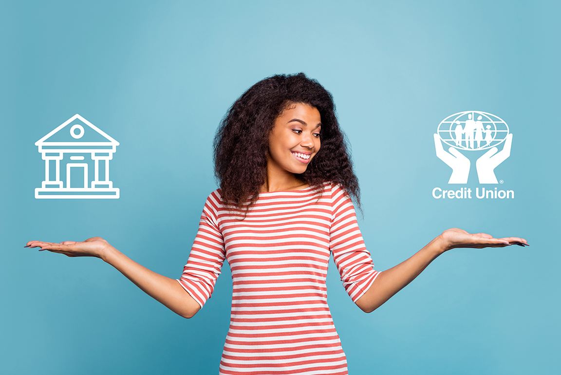 a photo of a women looking at a credit union symbol representing her choice over big banks 